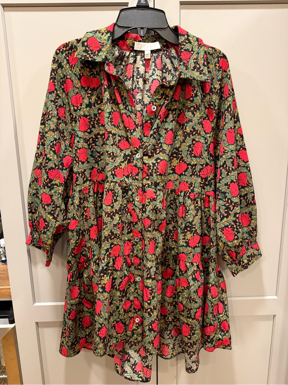 Women's Black Floral Button-Front Blouse with Red Rose Print